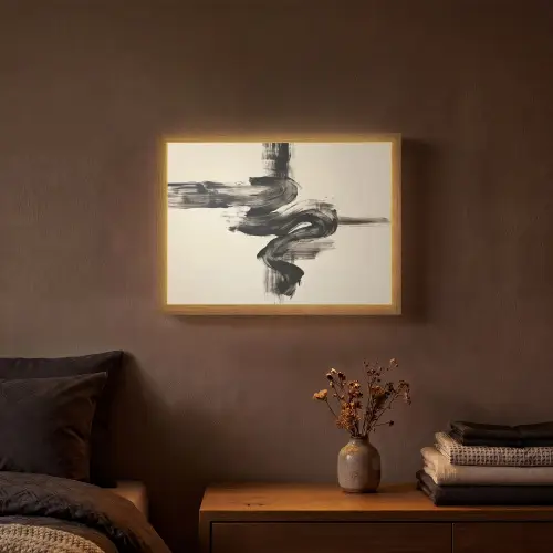 Golven - Penseelstreken - Beige - Minimalistisch Light Box met batterij (Wandlamp) middel -sfeer4