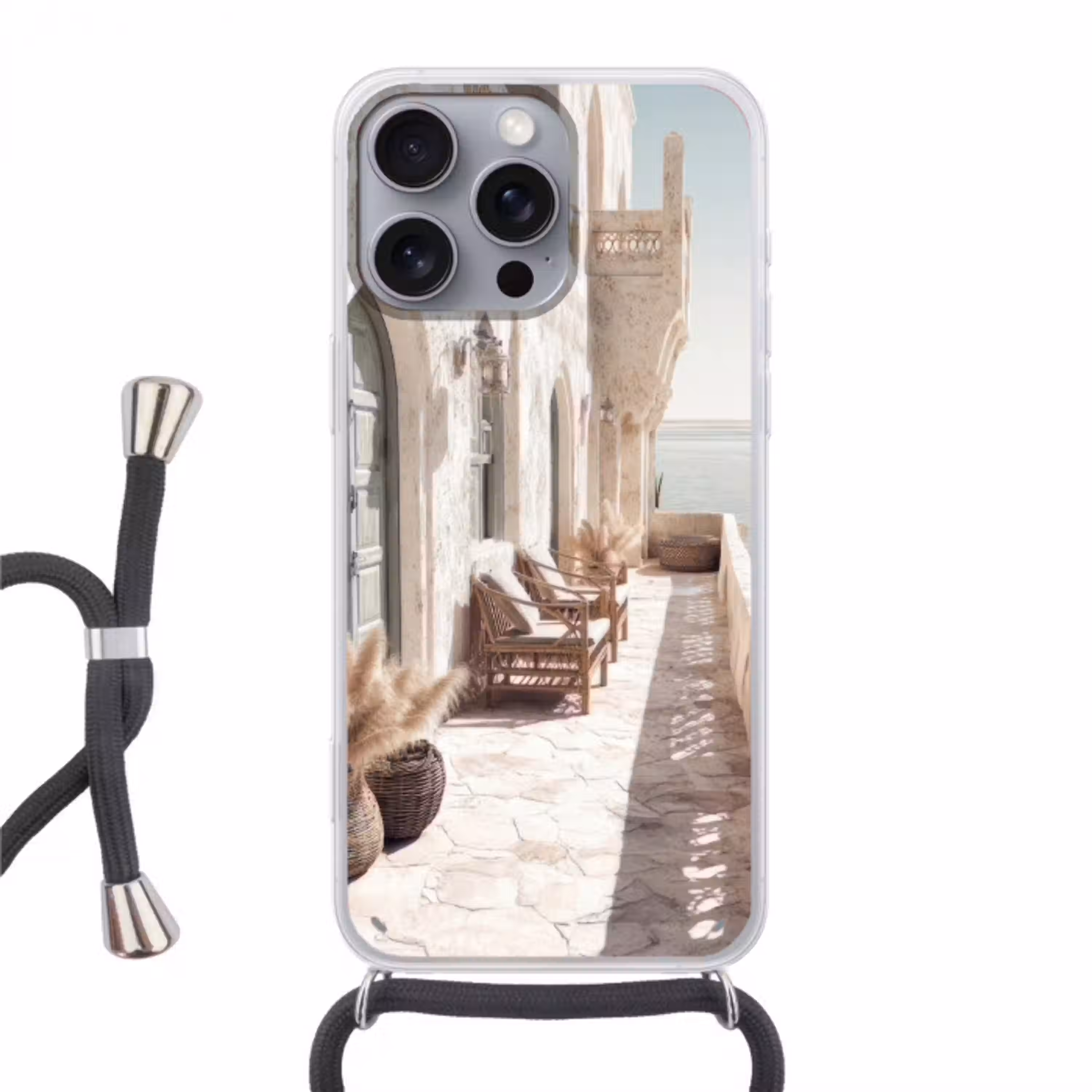 Terras - Stoelen - Strand - Beige Hoesje iPhone 16 Pro Max met koord klein -3d