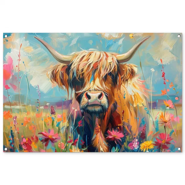 Tuinposter - Schotse hooglander - Natuur - Kleurrijk - Bloemen