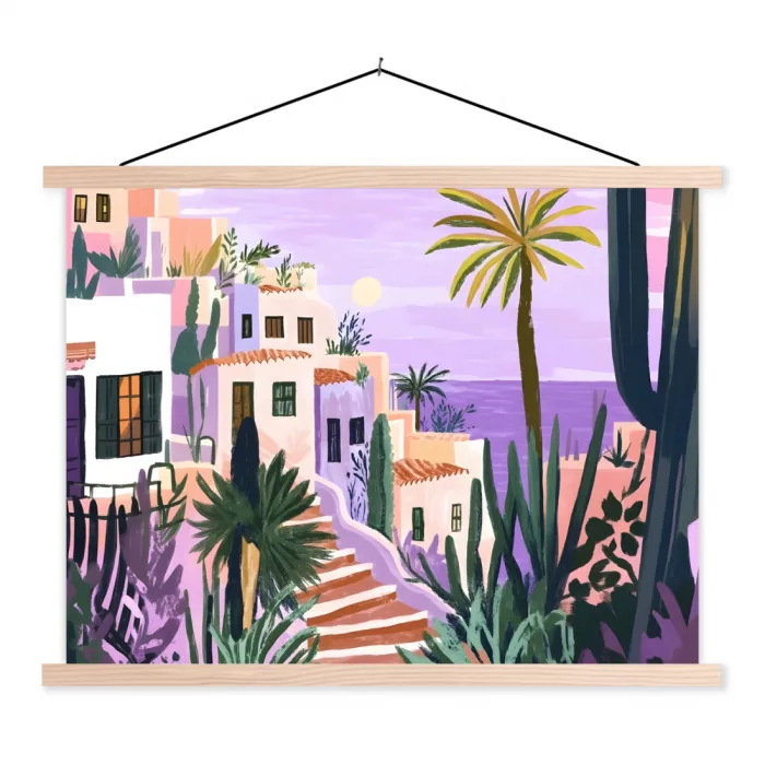 Huizen - Minimalistisch - Palmbomen - Kust textielposter latten blank klein -3d