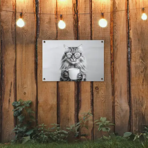 Kat - Bril - Mok - Pluizig tuinposter los doek klein -sfeer1