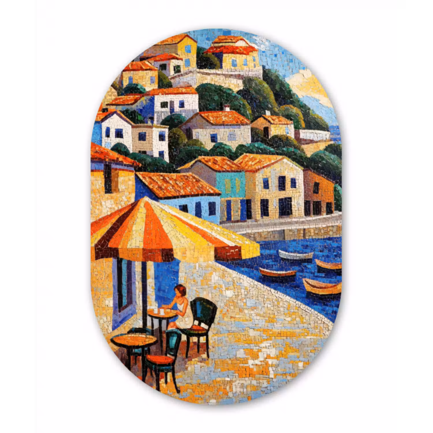 Glasbild Oval - Küstendorf - Ferienhäuser - Mosaik - Meer