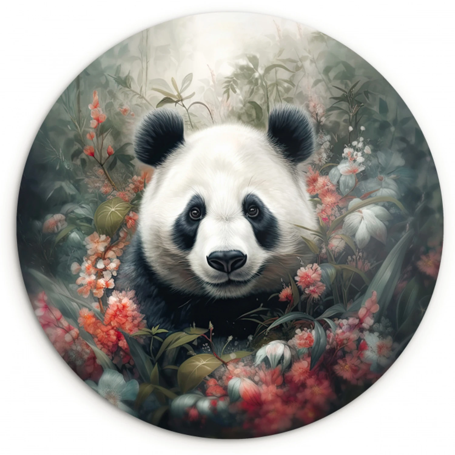 Panda - Wilde dieren - Bloemen - Natuur Wandcirkel kunststof plaat 5mm dik klein -3d