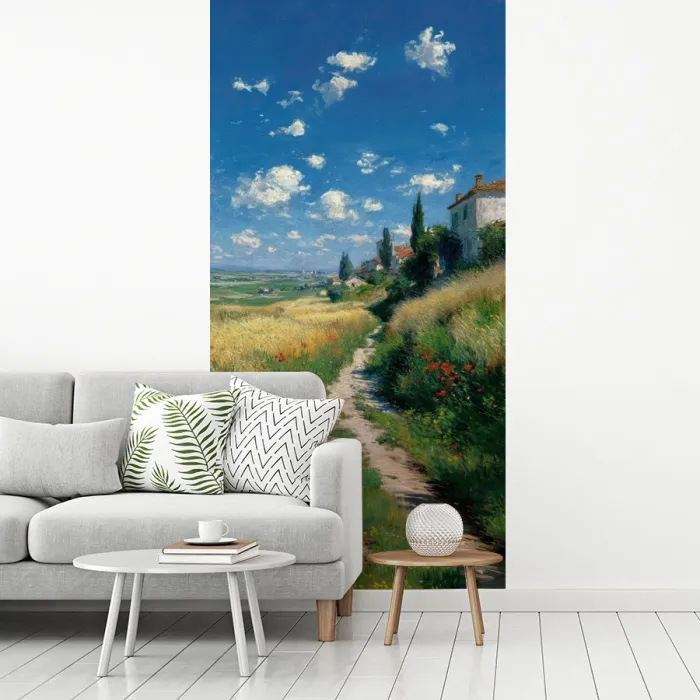 Zandpad - Huis - Bomen - Grasveld fotobehang vinyl groot -woonkamer