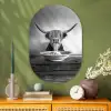 Schotse Hooglander - Spaghetti - Dieren - Zwart wit Wandcirkel Ovaal Glas middel -sfeer2