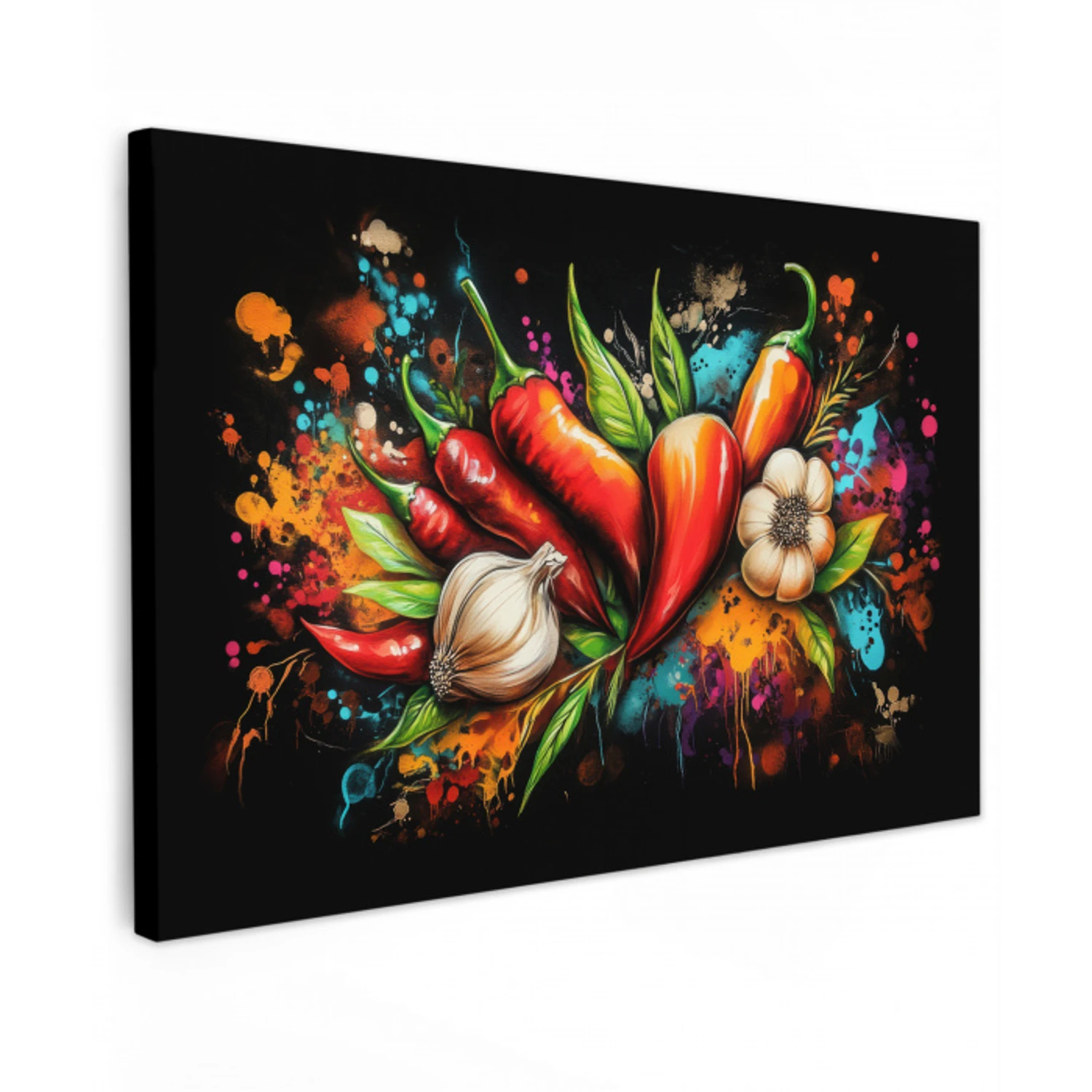 Groente - Peper - Knoflook - Graffiti - Verf - Kleurrijk Tuinposter op houten frame 2 cm dik klein -3d