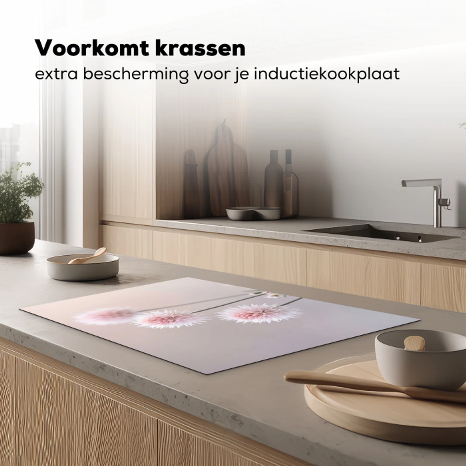 Bloemen - Bollen - Roze Inductie beschermer vinyl 3mm klein -sfeer1