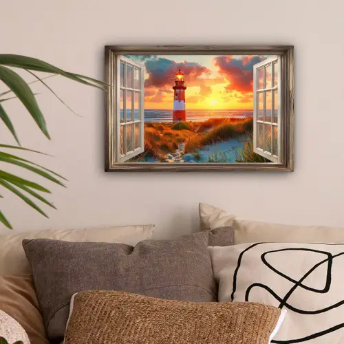 Doorkijk - Raam - Vuurtoren - Zonsondergang - Strand canvas 2cm klein -sfeer1