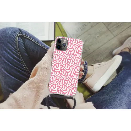 Koraal - Patroon - Roze - Wit - Minimalistisch Hoesje iPhone 12 Pro met koord klein -hand