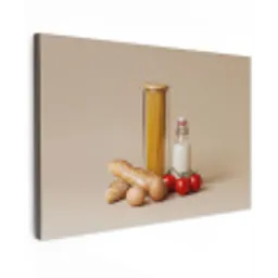Spaghetti - Melk - Tomaten - Eieren - Brood Tuinposter op houten frame 2 cm dik klein -3d