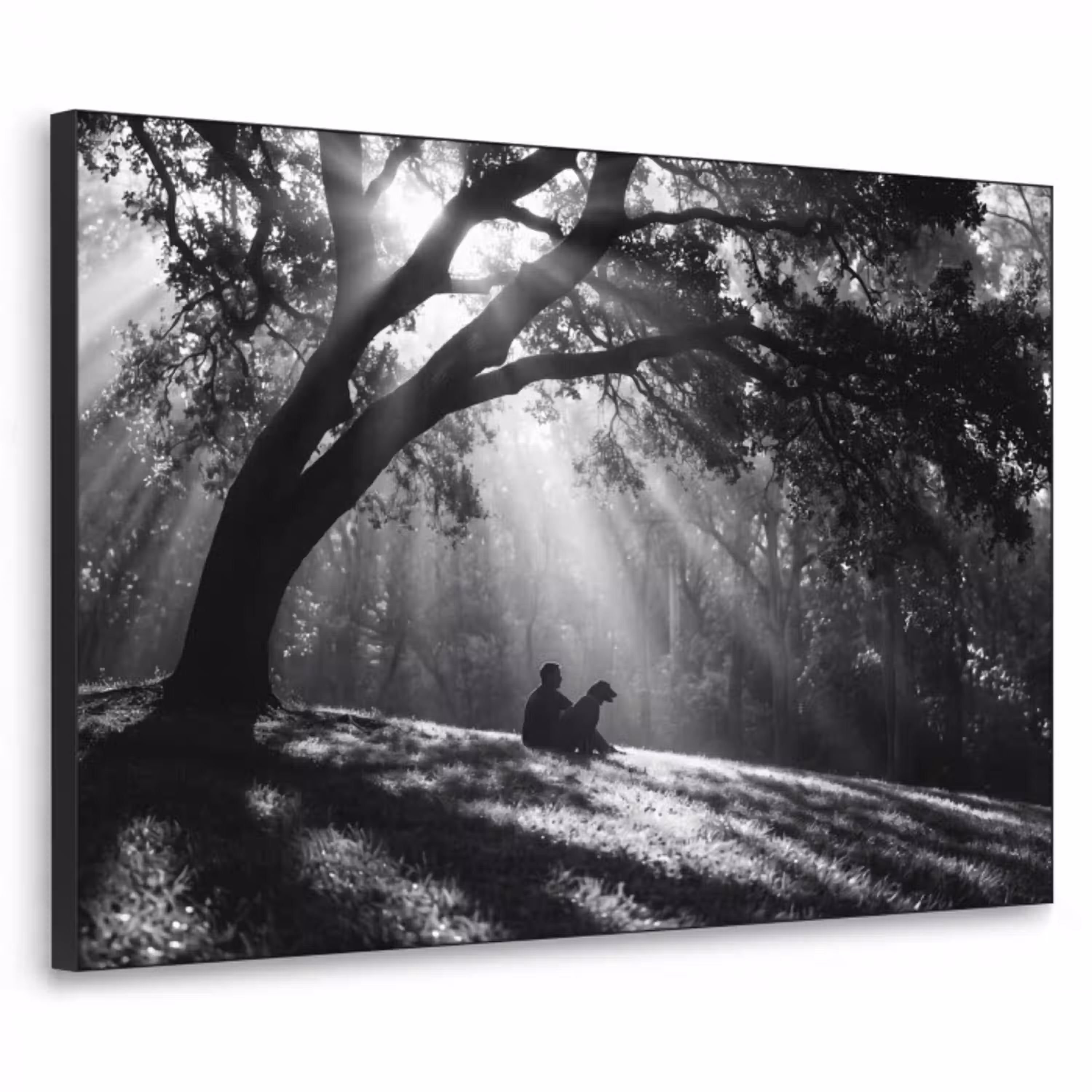Mens - Hond - Natuur - Zwart-wit - Silhouet Textielframe zwart klein -3d