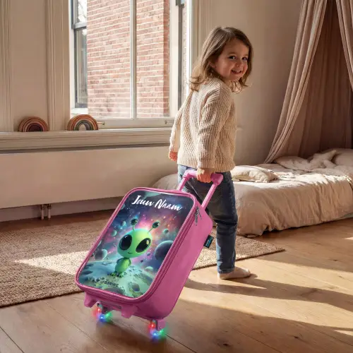 Groen buitenaards wezentje op maanlandschap Kinderkoffer - Roze klein -sfeer1