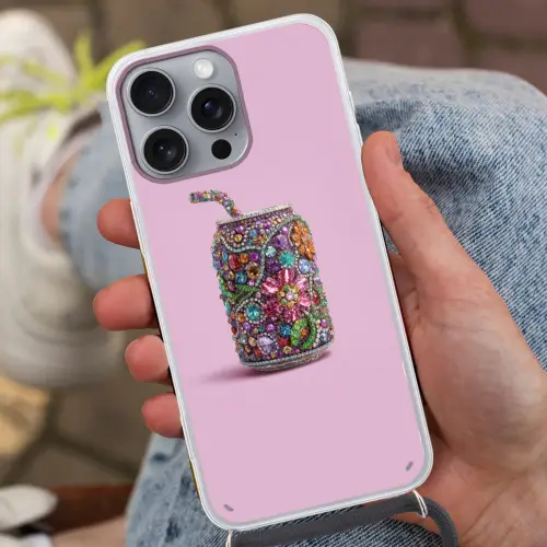 Frisdrankblikje - Bloemenpatroon - Edelstenen - Kleurrijk Hoesje iPhone 16 Pro Max met koord klein -sfeer3