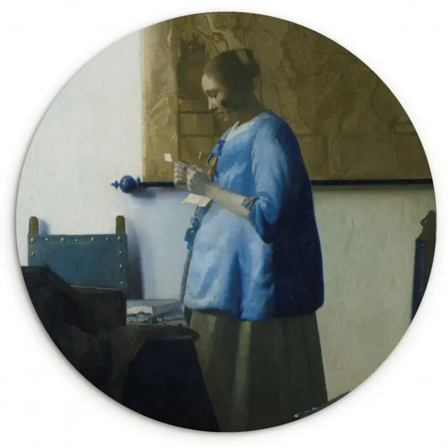 Brieflezende vrouw in het blauw - Schilderij van Johannes Vermeer Wandcirkel kunststof plaat 5mm dik klein -3d