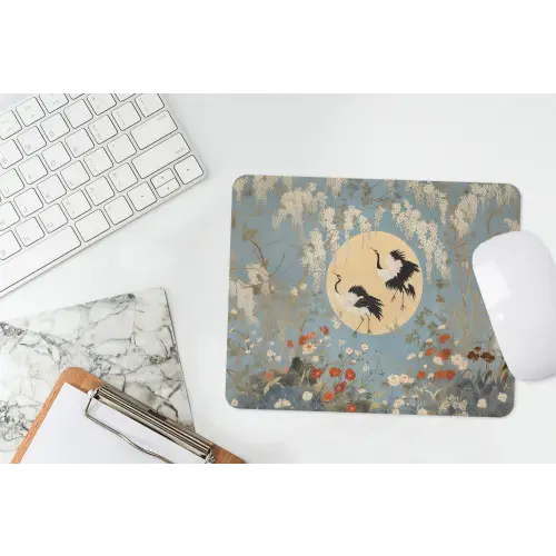 Kraanvogels - Maan - Bloemen - Blauw muismat rubber klein -witbureau