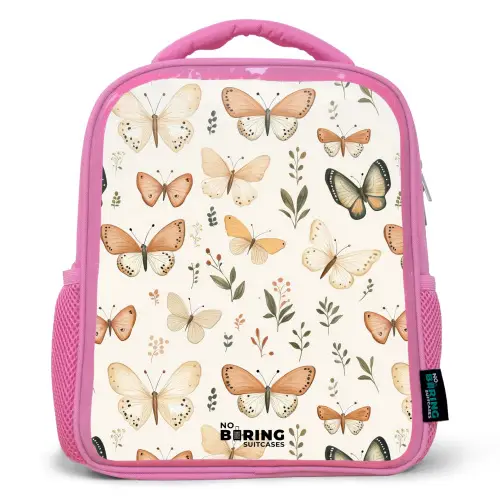 Vlinders in beige en oranjetinten tussen groene blaadjes Kinderrugzak - Roze middel -3d