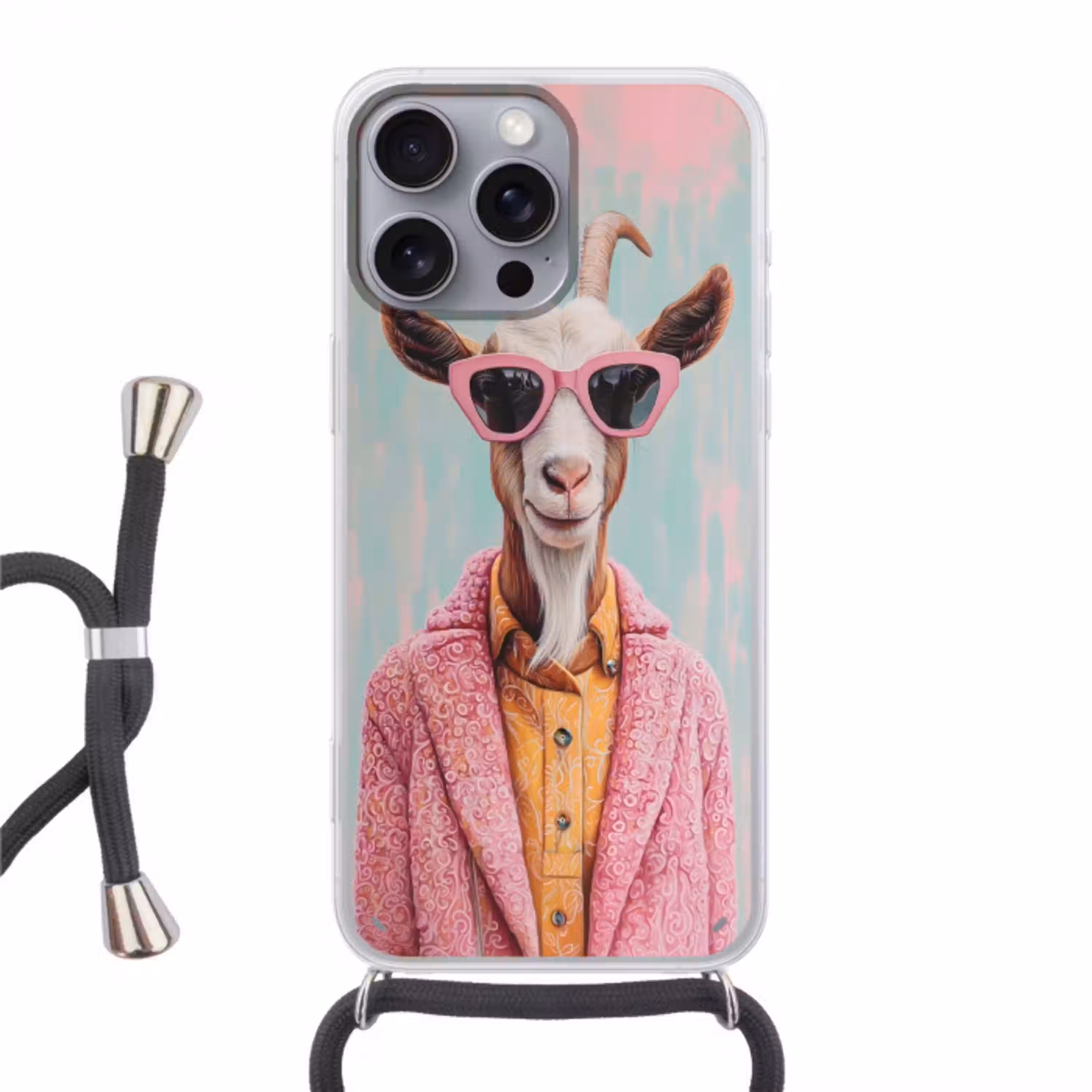 Zonnebril - Roze - Geit - Horen Hoesje iPhone 16 Pro Max met koord klein -3d