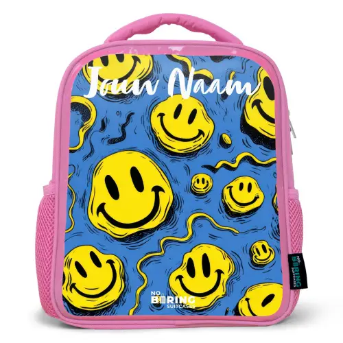 Smiley - Blauw - Geel Kinderrugzak - Roze middel -3d