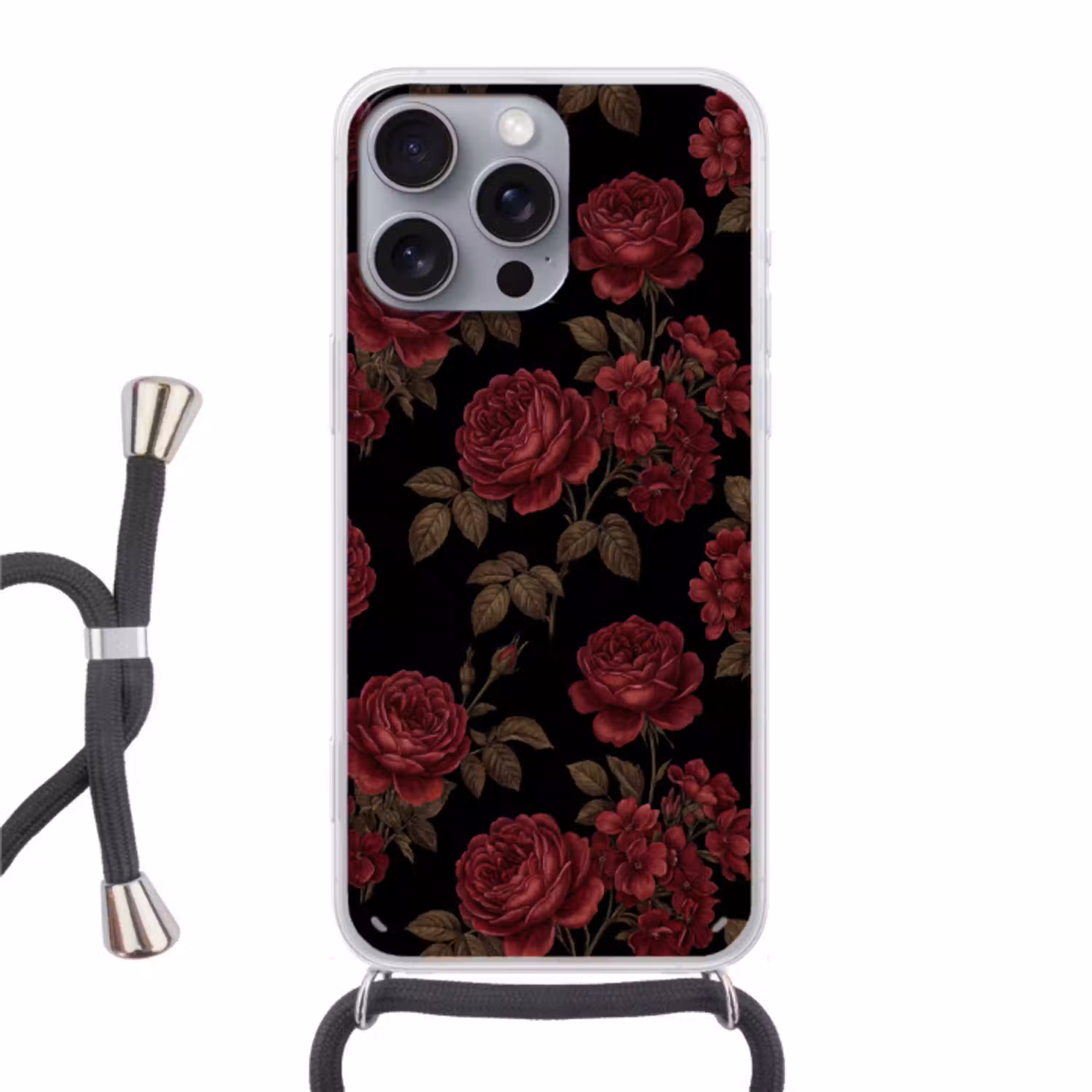 Bloemen - Roos - Patroon - Klassiek - Rood Hoesje iPhone 16 Pro Max met koord klein -3d