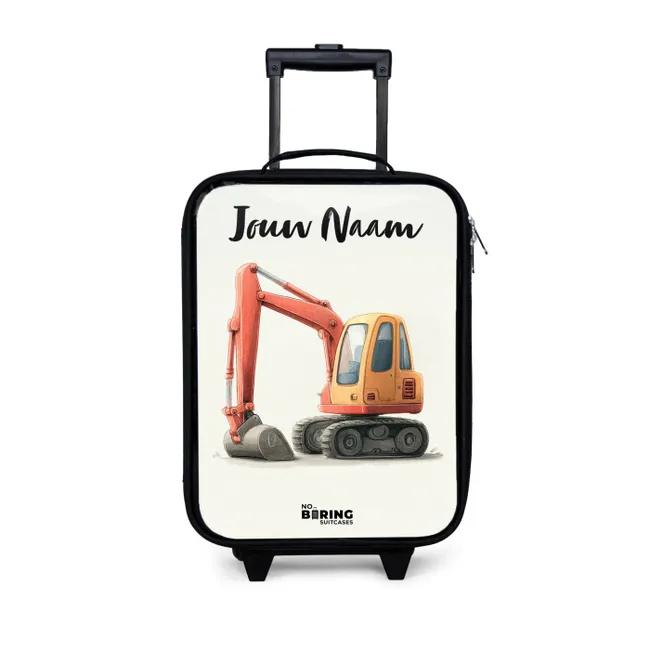 Kinderkoffer met naam - Graafmachine - Getekend - Oranje