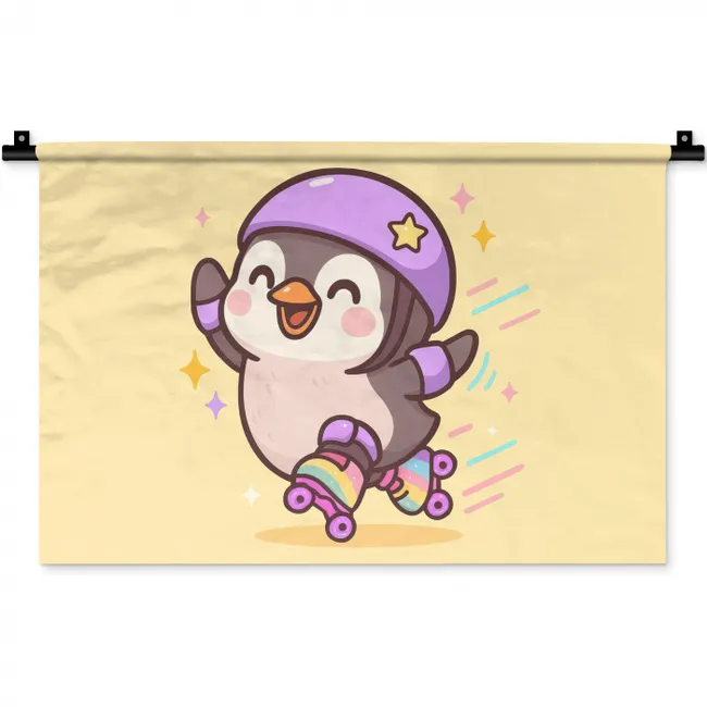 Pinguïn - Rolschaatsen - Geel - Energiek Wandkleed katoen klein -zz3d