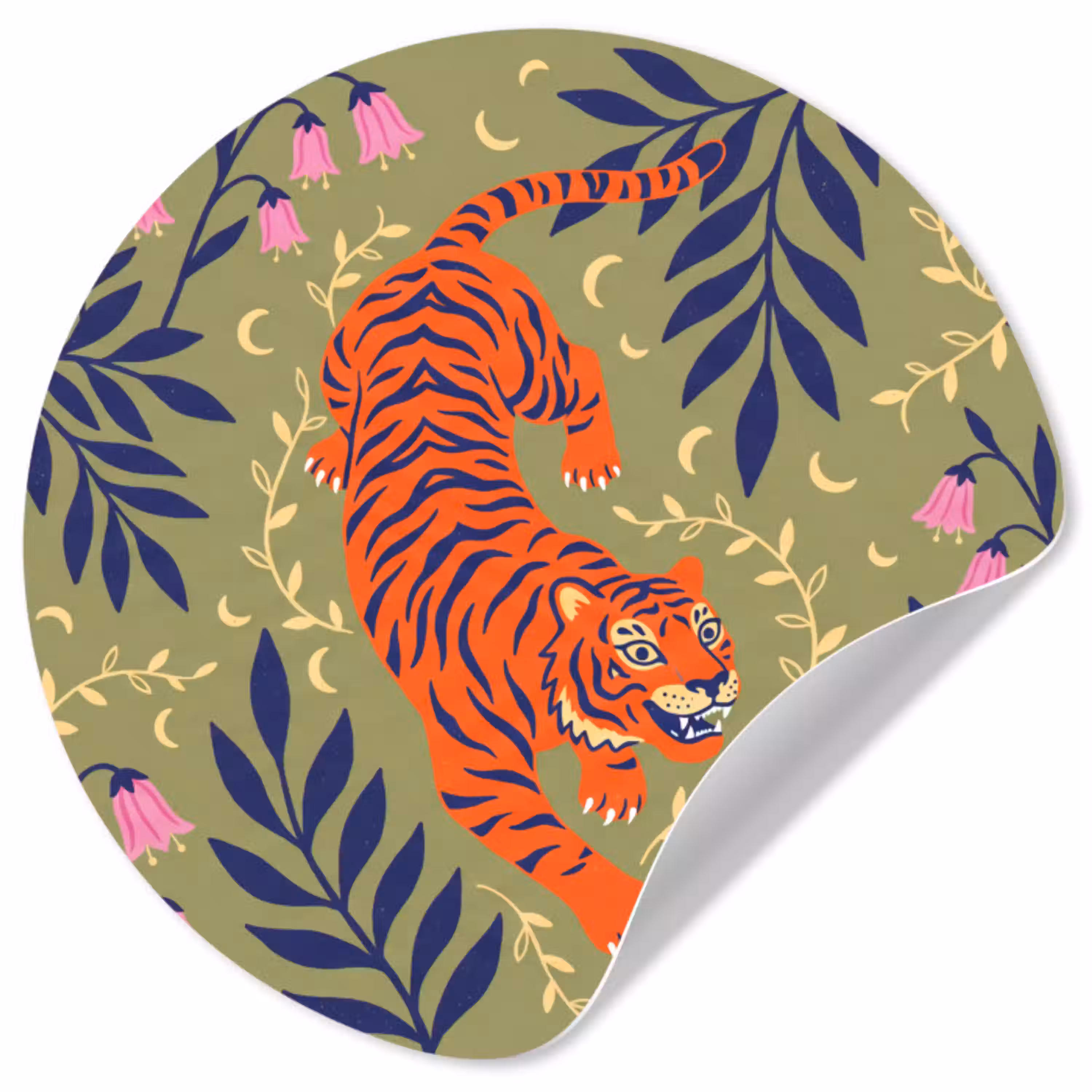 Tijger - Bladeren - Dieren - Illustratie - Oranje Wandcirkel behangsticker klein -3d