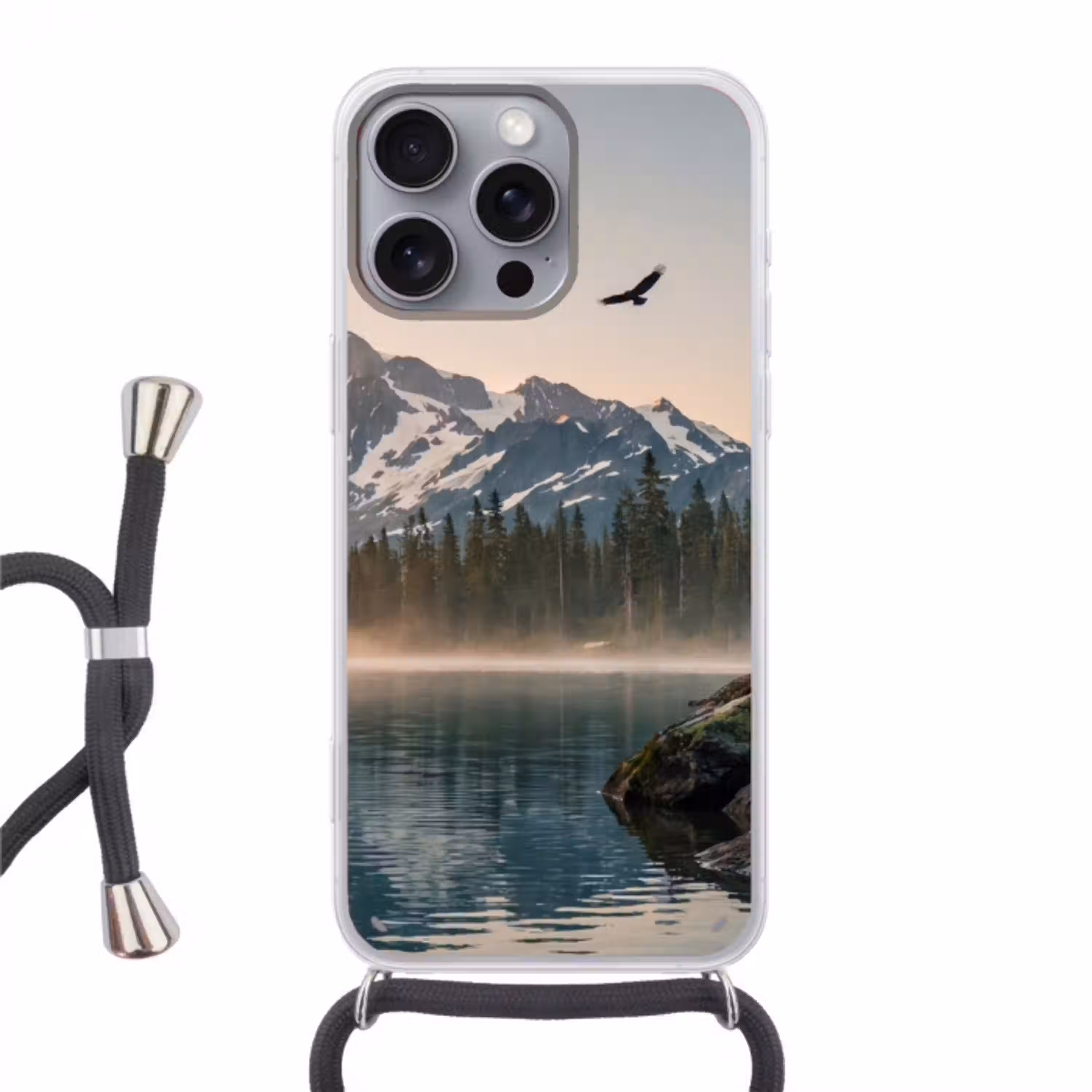 Bergen - Water - Bomen Hoesje iPhone 16 Pro Max met koord klein -3d