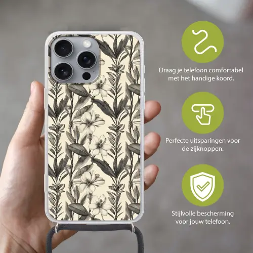 Klassiek - Botanisch - Zwart - Beige Hoesje iPhone 16 Pro Max met koord klein 804 -sfeer2_NL
