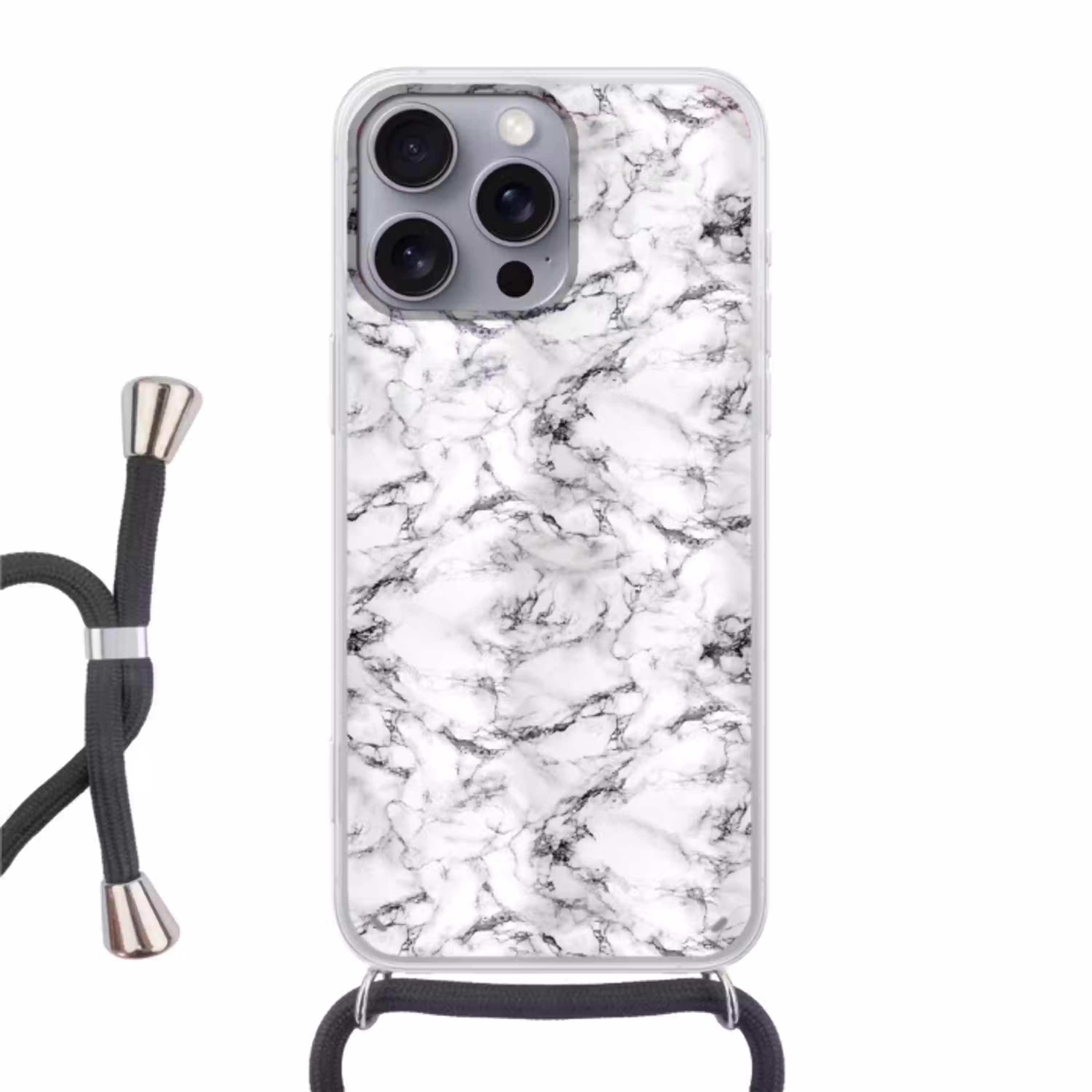 Marmer - Zwart - Dramatisch - Wit Hoesje iPhone 16 Pro Max met koord klein 804 -3d