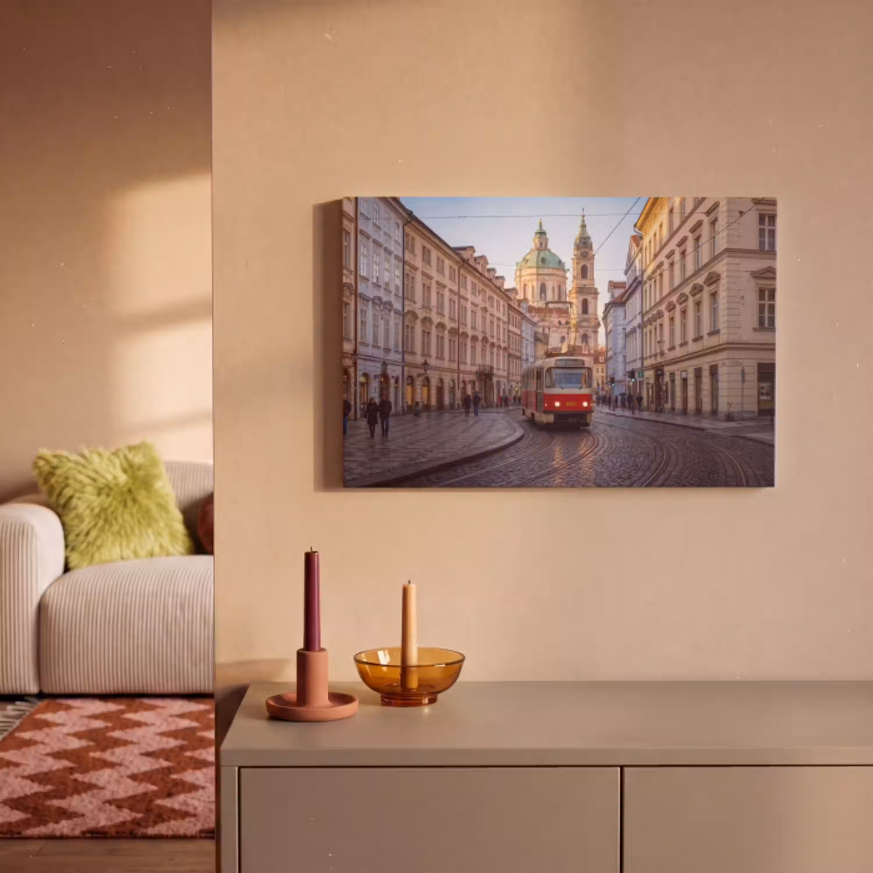 Tram - Straat - Stadsgezicht - Klassiek - Rood canvas 2cm klein -sfeer1