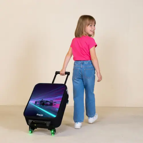 Neon - Raceauto - Lichtstrepen - Paars Kinderkoffer - Zwart klein -sfeer1