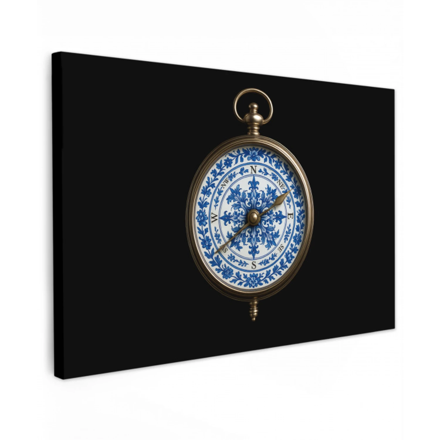 Kompas - Delfts blauw - Zwart Tuinposter op houten frame 2 cm dik klein -3d