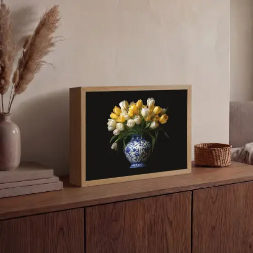 Geel - Tulpen - Vaas - Bloemen Light Box met batterij (Wandlamp) middel -sfeer2