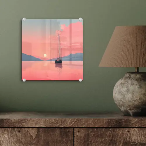 Zeilboot - Roze zee - Zonsondergang - Bergen plexiglas 5mm klein -sfeer3