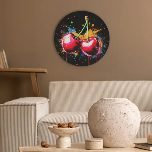 Kersen - Fruit - Graffiti - Verf - Abstract - Modern - Kleurrijk Akoestische PET Vilt - Rond klein -sfeer1
