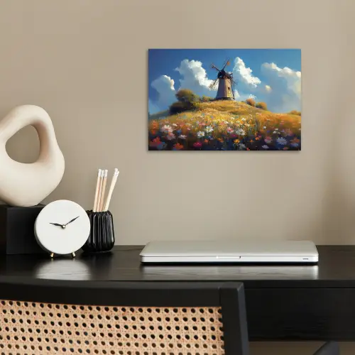 Windmolen - Heuvel - Bloemen - Kleurrijk poster papier klein -sfeer1