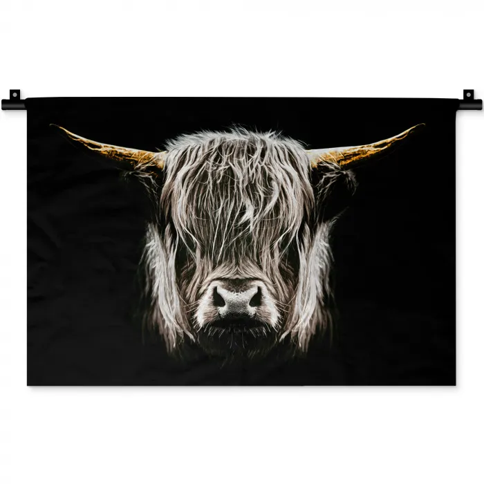 Schotse hooglander - Goud - Hoorns - Zwart wit - Koe - Dieren Wandkleed katoen klein -zz3d