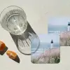Vuurtoren - Klif - Zee - Bloemen onderzetter kurk middel -sfeer4