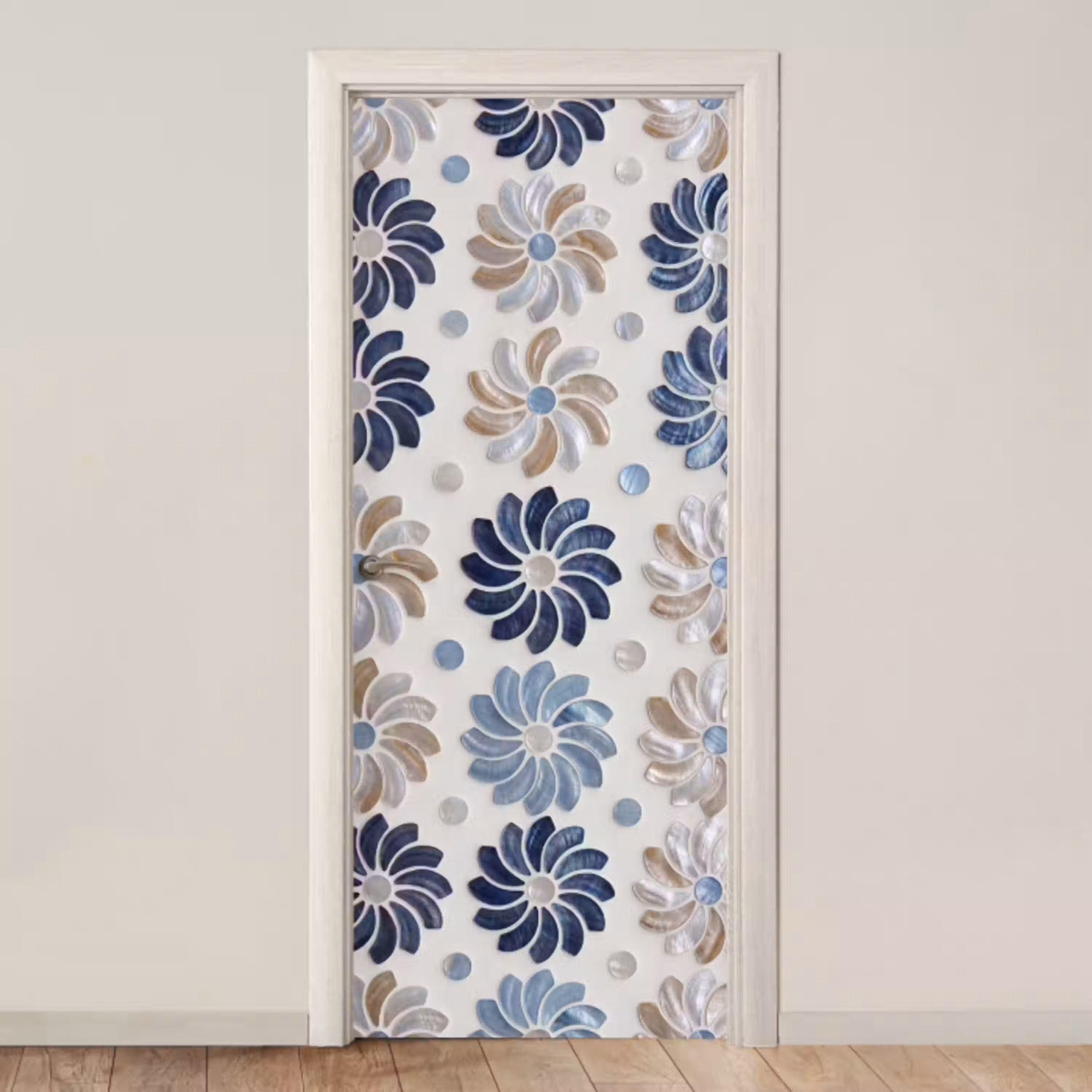 Bloemen - Parelmoer - Abstract - Patroon - Blauw deurposter klein -3d_beige