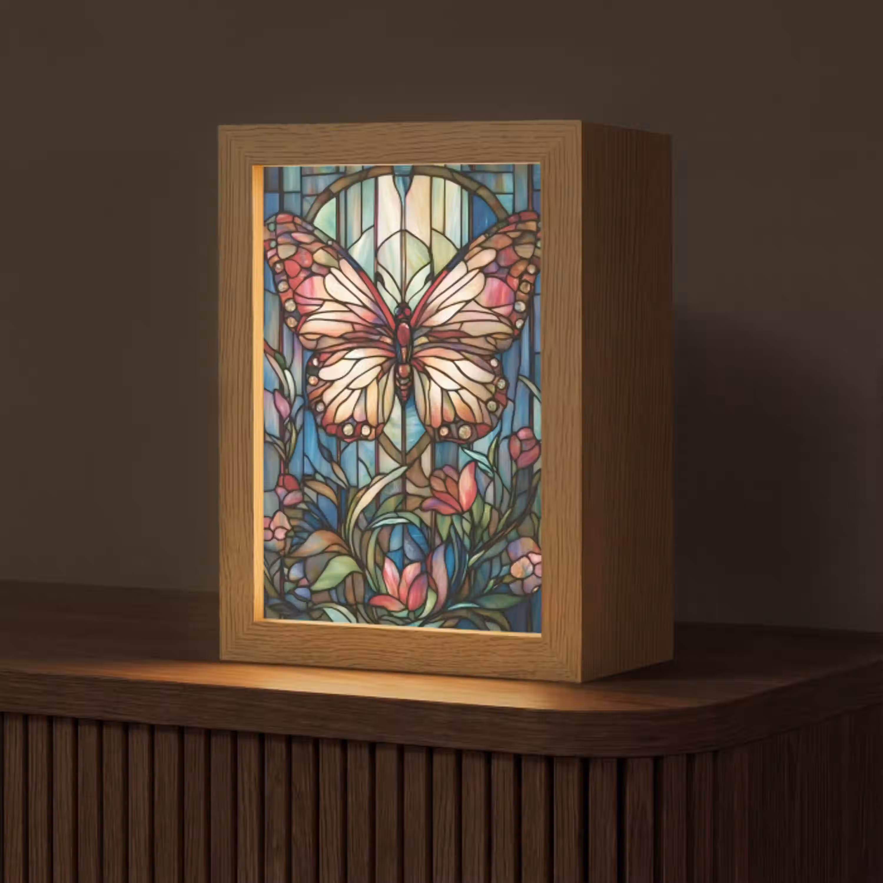 Vlinder - Roze - Bloemen - Bladeren Light Box met kabel (Tafellamp) klein -z3d_website