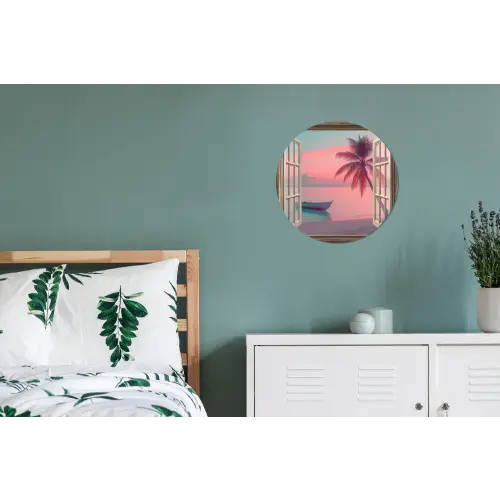 Doorkijk - Strand - Palmboom - Tropisch Wandcirkel aluminium klein -slaapkamer