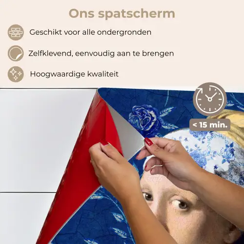 Meisje met de parel - Delfts blauw - Vermeer - Bloemen - Schilderij - Oude meesters keuken achterwand spatscherm klein -spatscherm_NL