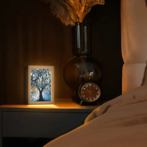 Boom - Blauw - Goud - Abstract Light Box met kabel (Tafellamp) klein -sfeer1