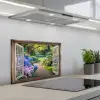 Doorkijk - Tuin - Raam - Hortensia - Bloemen keuken achterwand spatscherm klein -3d_schuin