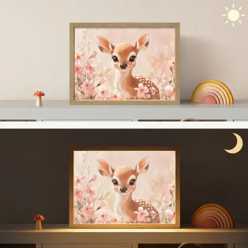 Hertje - Illustratie - Bloemen - Roze Light Box met batterij (Wandlamp kind) middel -sfeer3_kind