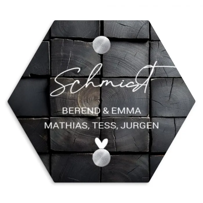 Zwarte houtblokken - Sierlijk Naambord Hexagon klein -3d