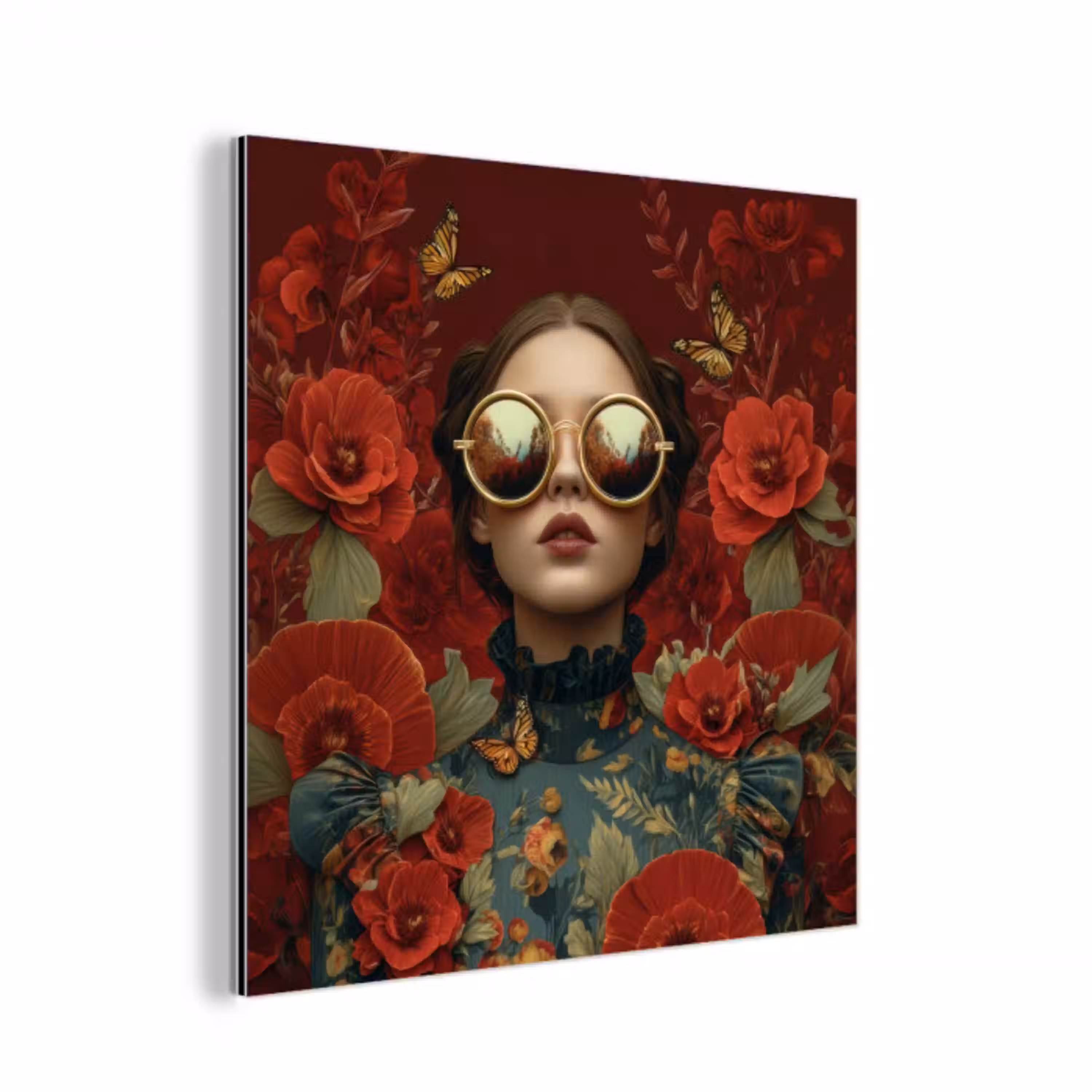 Bloemen - Dieprood - Zonnebril - Vrouw aluminium wit klein -3d