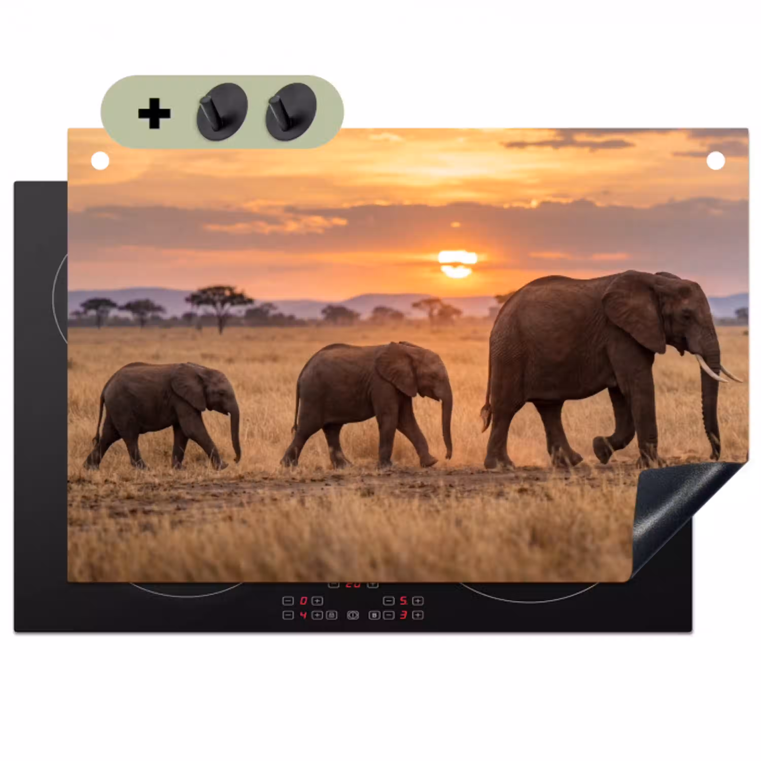 Olifanten - Savanne - Zonsondergang - Afrika - Warm Inductie beschemer met haakjes klein -3d