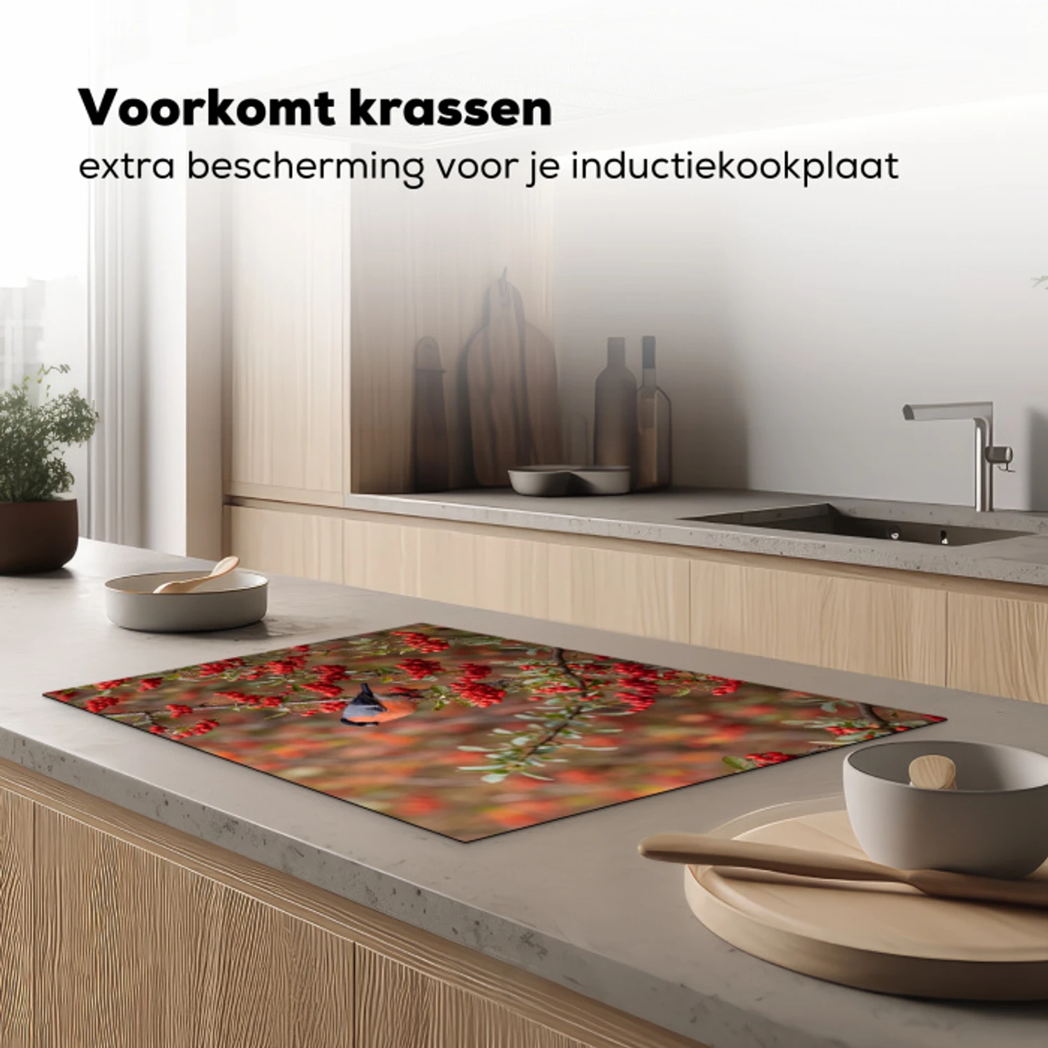 Goudvink - Bessen - Herfst - Natuur - Kleurrijk Inductie beschermer vinyl 3mm klein -sfeer1