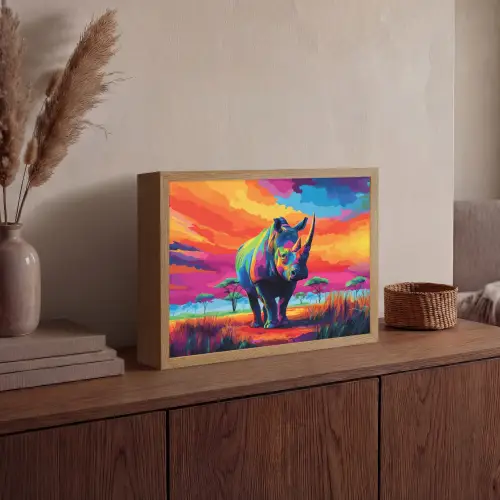Neushoorn - Zonsondergang - Savanna - Kleurrijk Light Box met batterij (Wandlamp) middel -sfeer2